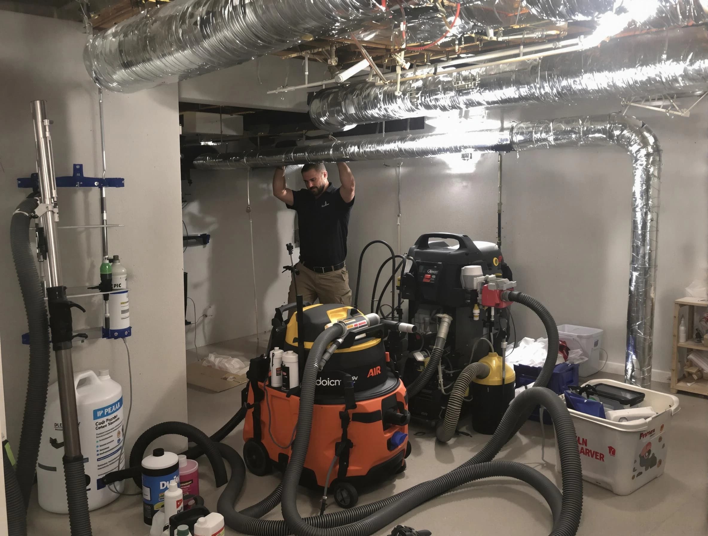 Lake Land'Or Air Duct Cleaning specialist performing professional mold removal from air ducts using safety equipment in Lake Land'Or