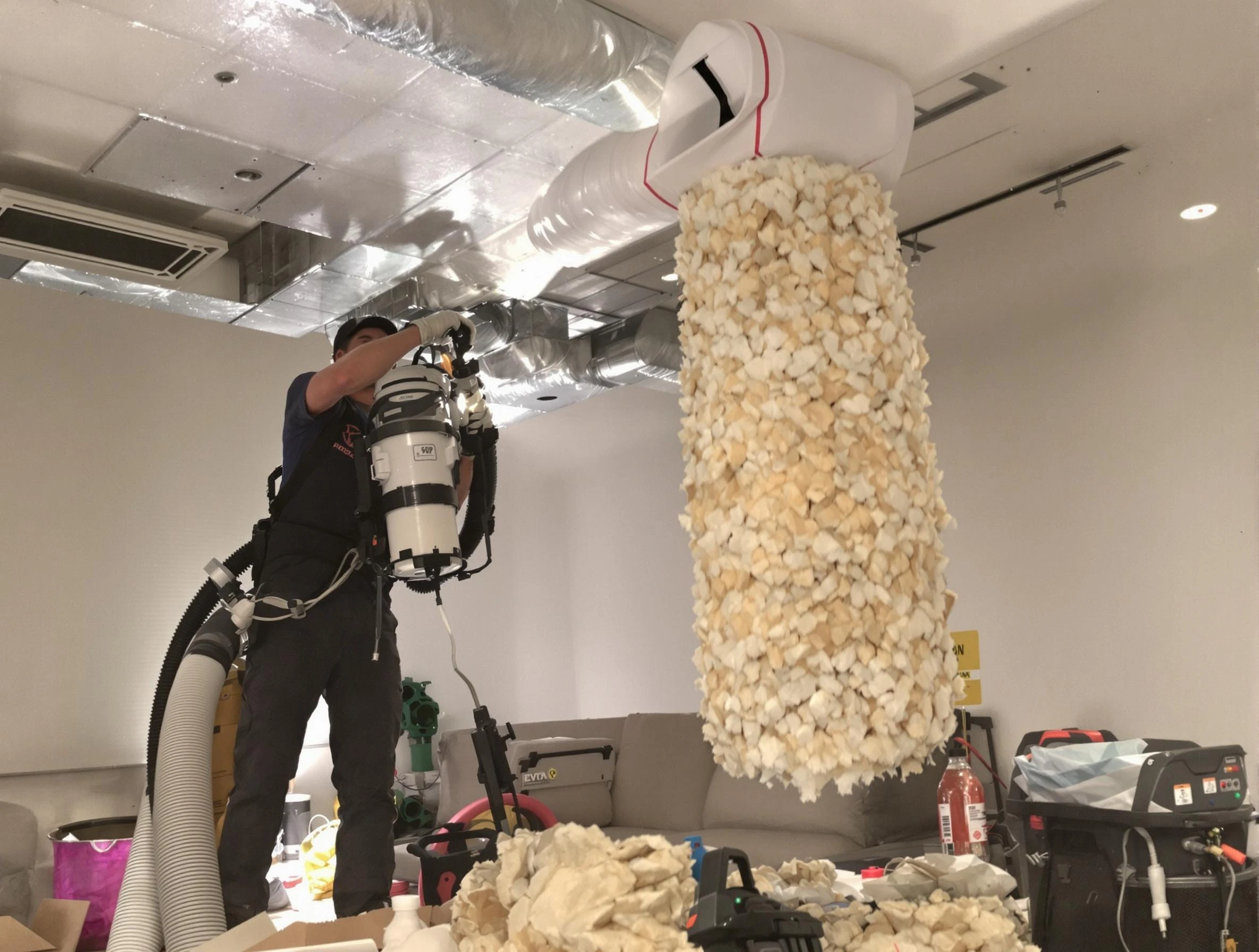 Lake Land'Or Air Duct Cleaning technician performing precision vacuum insulation removal in a residential property in Lake Land'Or